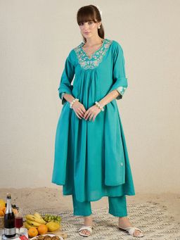 Indo Era - Blue Embroidered A-Line Kurta Pant with Dupatta