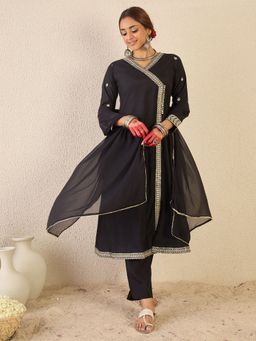 Indo Era - Black Embroidered A-Line Kurta Pant with Dupatta