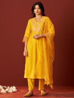 Indo Era - Mustard Straight Kurta Pant with Dupatta