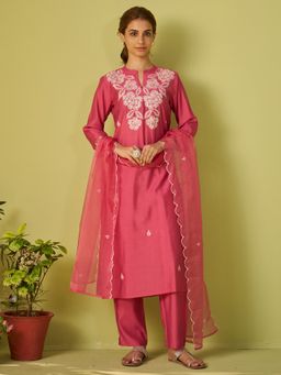 Indo Era - Pink Straight Kurta Pant with Dupatta