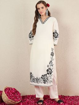 Indo Era - Off White Embroidered Straight Kurta and Pant