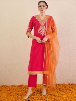 Indo Era - Pink Straight Kurta Pant with Dupatta