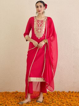 Indo Era - Pink Straight Kurta Pant with Dupatta