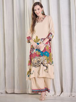 Indo Era - Beige Printed A-Line Kurta and Palazzo