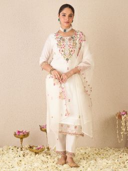 Indo Era - White Embroidered Straight Kurta Pant with Dupatta
