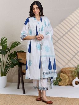 Indo Era - White Printed A-Line Kurta Pant with Dupatta