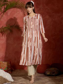 Indo Era - Brown Printed A-Line Kurta and Pant
