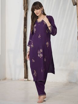 Indo Era - Purple Embroidered Straight Kurta and Pant