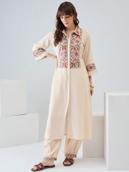 Indo Era - Beige Embroidered A-Line Kurta and Salwar