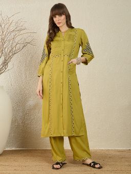 Indo Era - Green Embroidered Straight Kurta and Pant