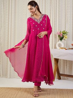Indo Era - Pink Embroidered Anarkali Kurta Pant with Dupatta
