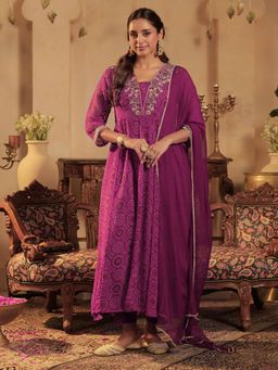 Indo Era - Burgundy Embroidered A-Line Kurta Pant with Dupatta