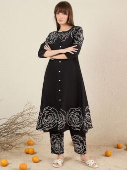 Indo Era - Black Printed A-Line Kurta and Pant
