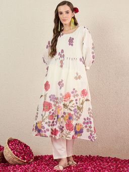 Indo Era - Off White Printed A-Line Kurta and Pant