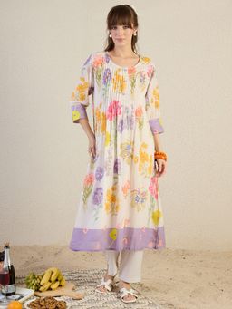 Indo Era - Off White Printed A-Line Kurta and Pant