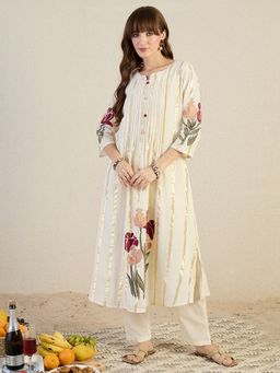 Indo Era - Cream Printed A-Line Kurta and Pant