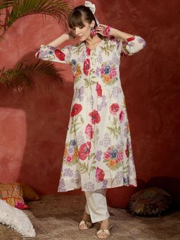 Indo Era - White Printed A-Line Kurta and Pant