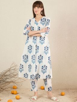Indo Era - White Printed A-Line Kurta and Pant