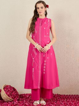 Indo Era - Pink Embroidered A-Line Kurta and Palazzo