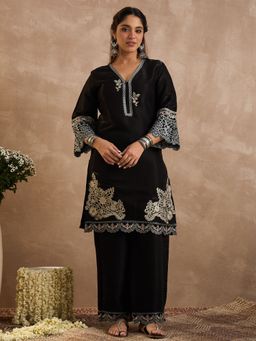 Indo Era - Black Embroidered Straight Kurta and Palazzo