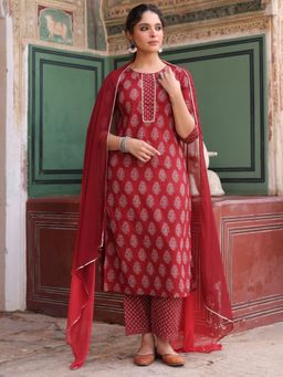 Rain & Rainbow - Women Maroon Printed Regular Kurta Pant with Dupatta
