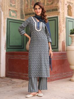 Rain & Rainbow - Women Blue Printed Regular Kurta Pant with Dupatta