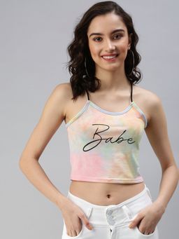 SHOWOFF - Women's Typography Fitted Yellow Shoulder Straps Crop Top