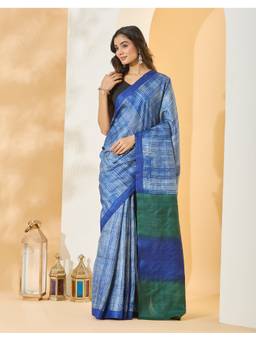 Fabindia - Blue Silk Hand Block Printed Saree