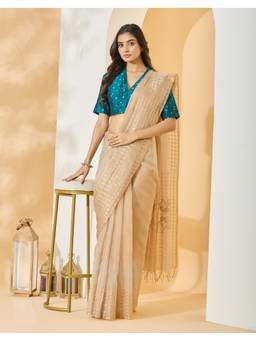 Fabindia - Beige Silk Blend Jamdani Woven Saree