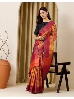 Fabindia - Yellow Silk Hand Block Printed Saree