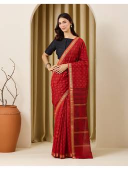 Fabindia - Red Cotton Silk Blend Hand Block Printed Saree