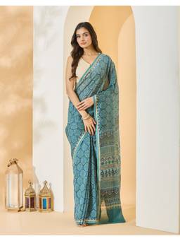 Fabindia - Teal Cotton Silk Blend Hand Block Printed Saree
