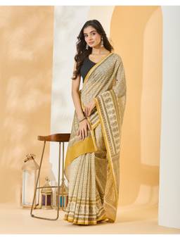 Fabindia - Beige Cotton Silk Blend Hand Block Printed Saree