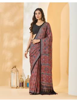 Fabindia - Red Viscose Blend Ajrakh Saree