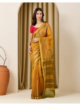 Fabindia - Mustard Cotton Silk Blend Hand Block Printed Saree
