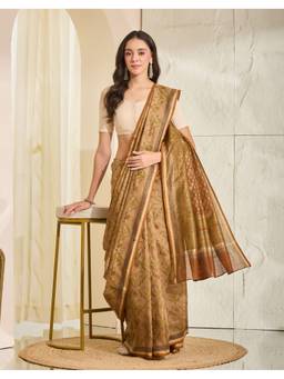 Fabindia - Beige Cotton Silk Blend Hand Block Printed Saree