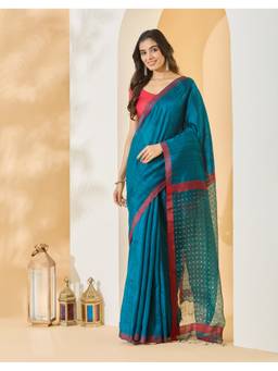Fabindia - Teal Silk Hand Woven Saree