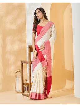 Fabindia - Off White Cotton Blend Jamdani Saree