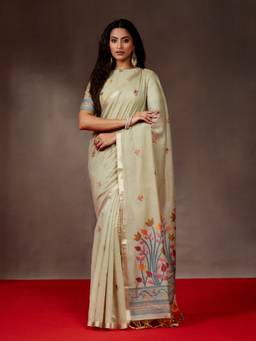 Kasee - Sea Green Woven Geometric Ethnic Motifs and Woven Zari Border Saree