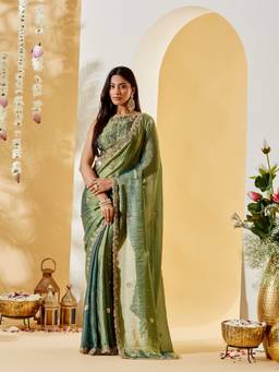 Kasee - Women's Green Floral Sequinned Embroidered Saree