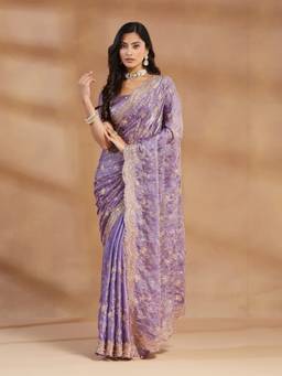 Kasee - Women's Lavender Floral Sequinned Embroidered Saree