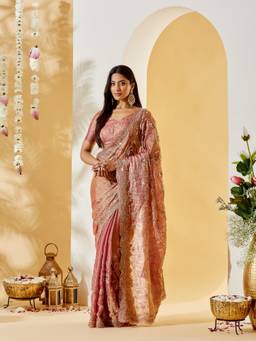Kasee - Women's Peach Floral Sequinned Embroidered Saree