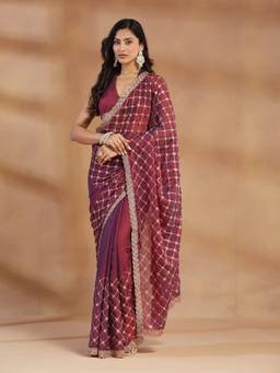 Kasee - Women's Wine Checked Sequinned Saree