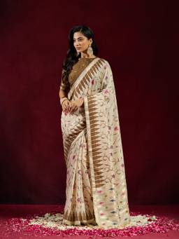 Kasee - Women's Cream Floral Printed Saree