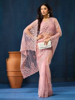 Kasee - Women's Pink Floral Embroidered Saree
