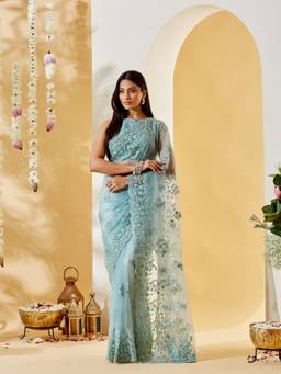 Kasee - Women's Sky Blue Floral Embroidered Saree