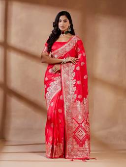 Kasee - Women's Gajri Floral Zari Woven Orange Saree