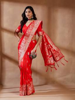Kasee - Women's Red Floral Zari Woven Saree