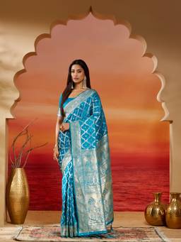 Kasee - Blue Geometric and Broad Zari Border Blue Woven Saree