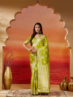 Kasee - Green Ethnic Motifs and Broad Zari Border Woven Saree